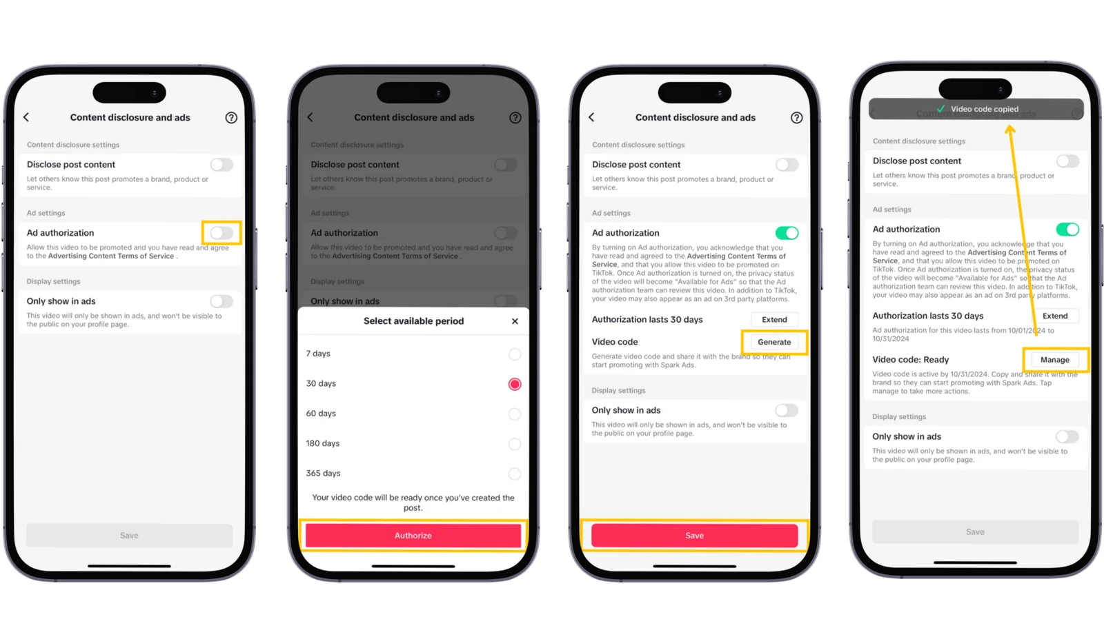 Mobile screenshots showing the TikTok Spark Ads authorization process.