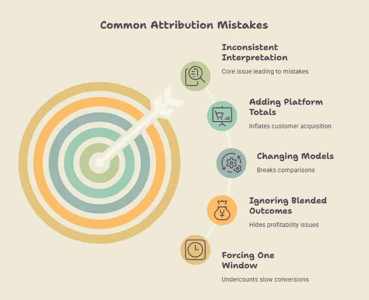 Infographic showing common marketing attribution mistakes, including inconsistent interpretation, adding platform totals, changing models, ignoring blended outcomes, and forcing one attribution window.