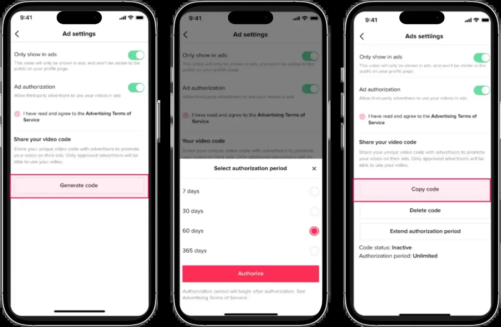 TikTok interface showing Spark Ads authorization periods.