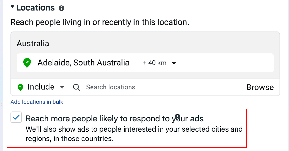 Meta Ads Manager location targeting interface.