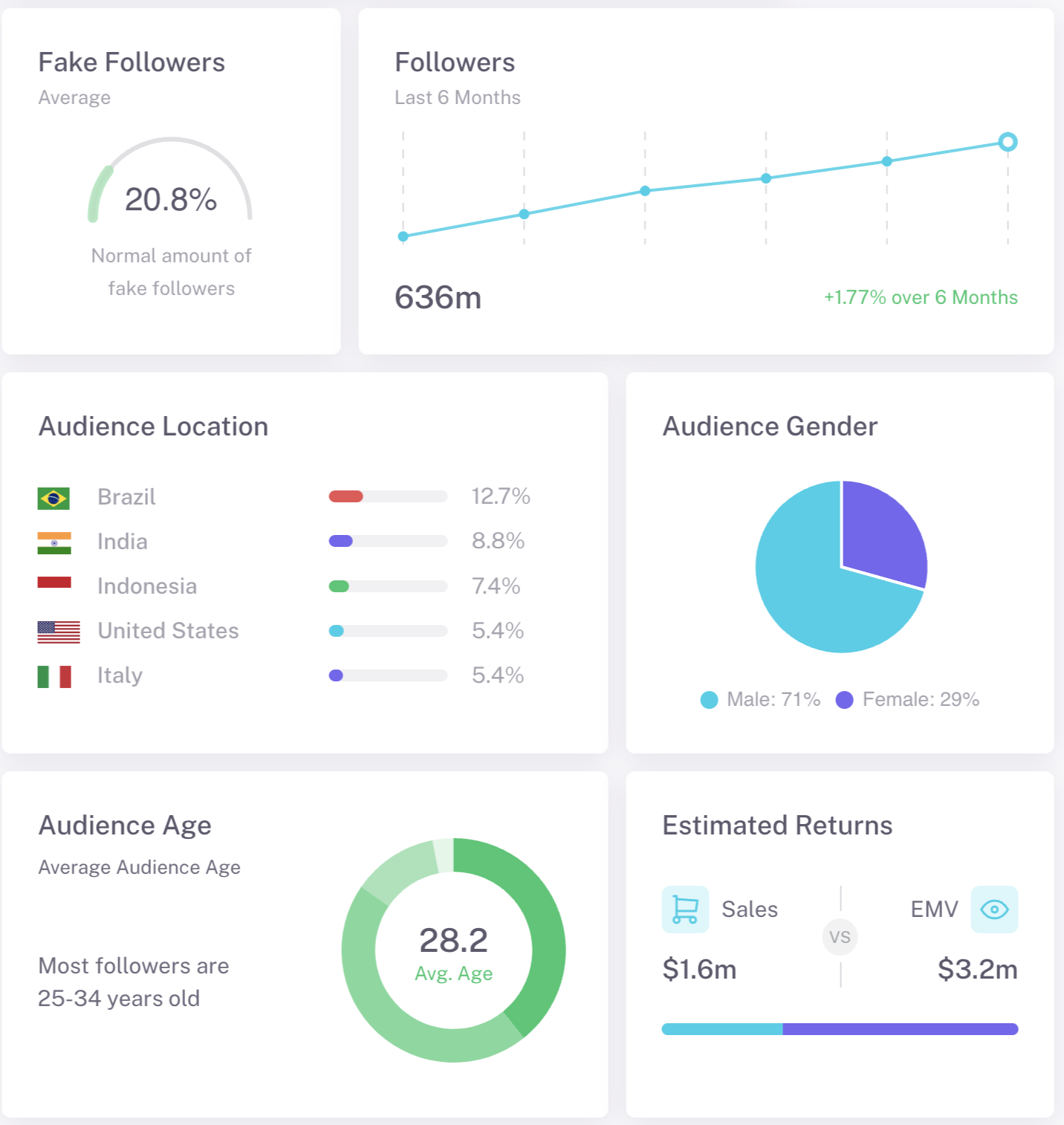 An analytics dashboard displaying audience demographics, including a fake follower percentage, gender split, location breakdown, and age distribution.
