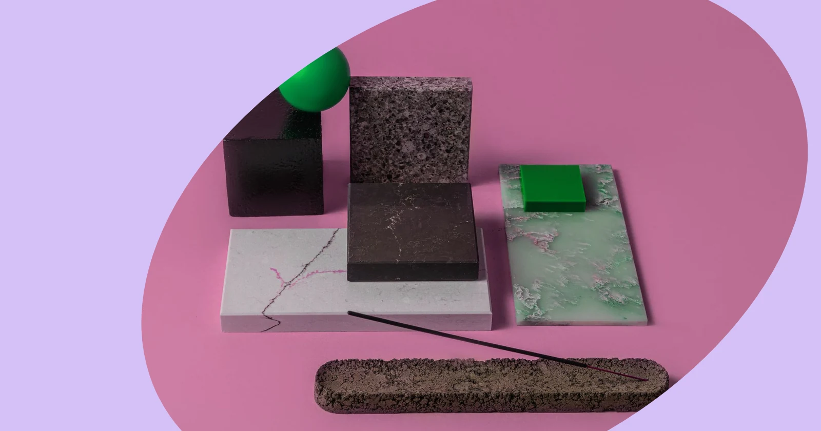 A minimalistic geometric composition with cubes, spheres, and slabs on a pink surface.