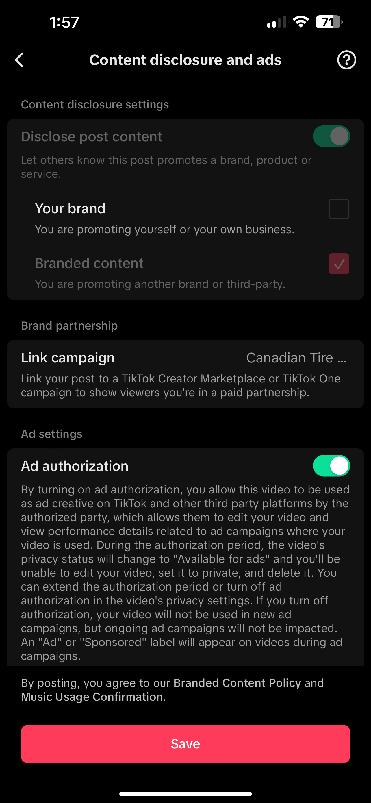 Mobile screen showing TikTok Content disclosure and ads settings, toggles for post disclosure, branded content, linked campaign, and ad authorization.