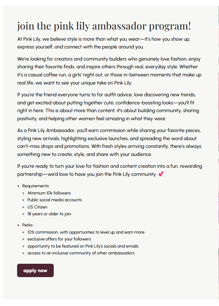 Pink Lily ambassador program page listing requirements (10k followers, public accounts, US citizen, 18 or older) and perks (10% commission with chances to level up, exclusive offers, features on Pink Lily’s channels, an ambassador community).