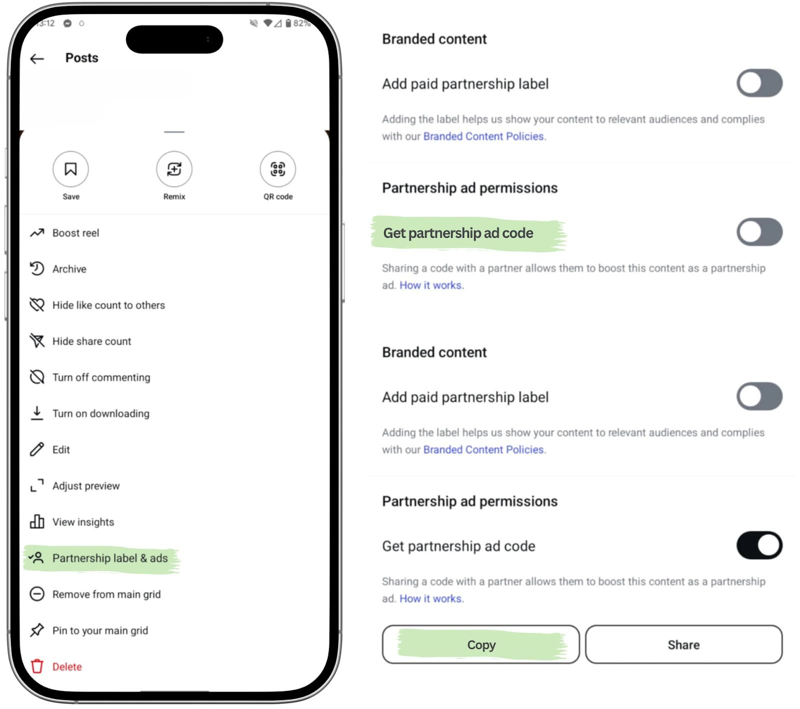Instagram post menu with Partnership label & ads highlighted, and settings where the Get partnership ad code toggle is turned on and the code can be copied.