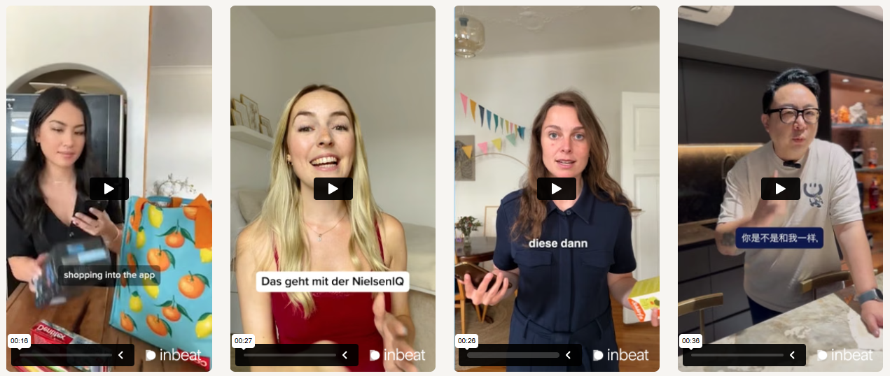 Four vertical creator videos with on-screen captions in English, German and Chinese, each marked with the inBeat logo.