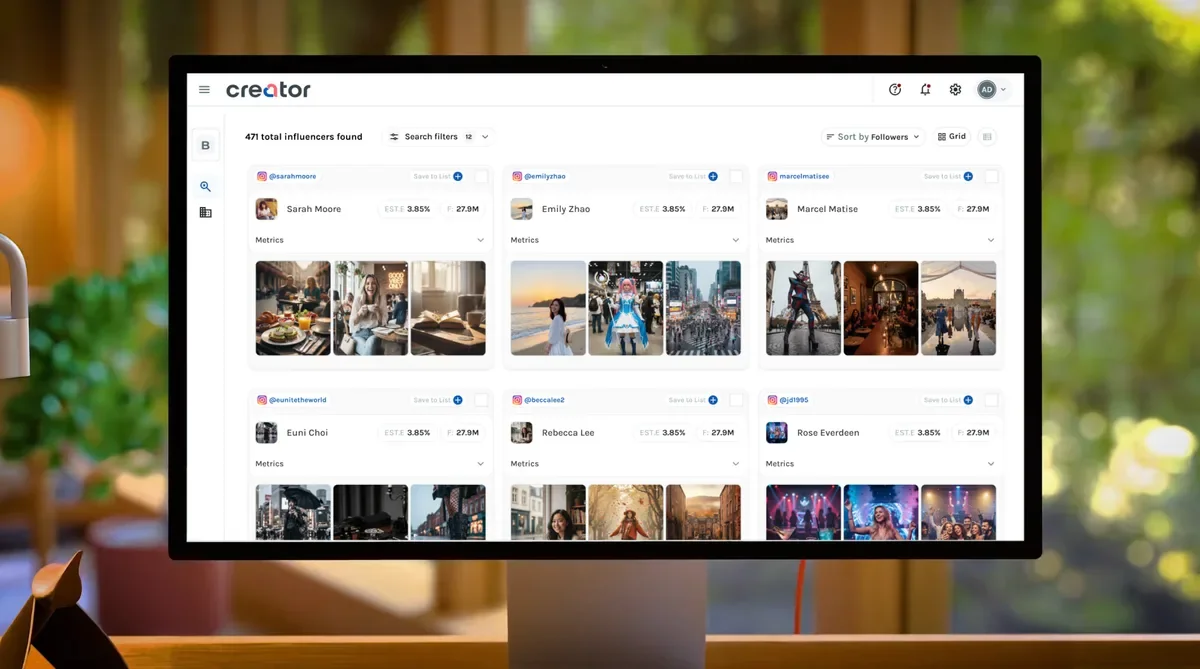 Creator.co search dashboard displaying influencer profiles, follower counts, and recent content feeds.