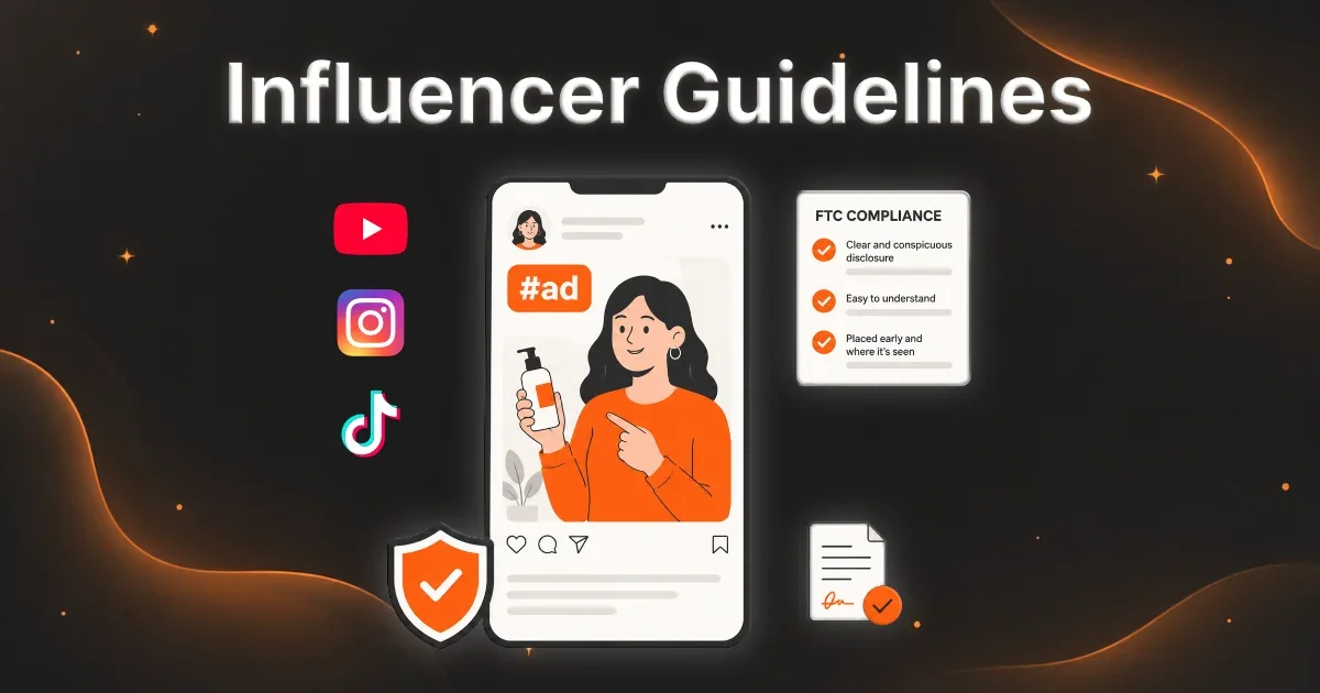 Illustration of a smartphone post showing a #ad tag alongside an FTC compliance checklist for clear and conspicuous disclosure.
