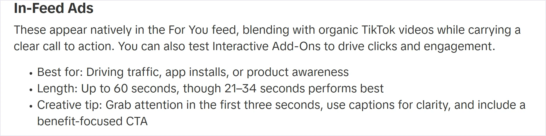 TikTok for Business guide to In-Feed Ads listing a length of up to 60 seconds, with 21-34 seconds performing best