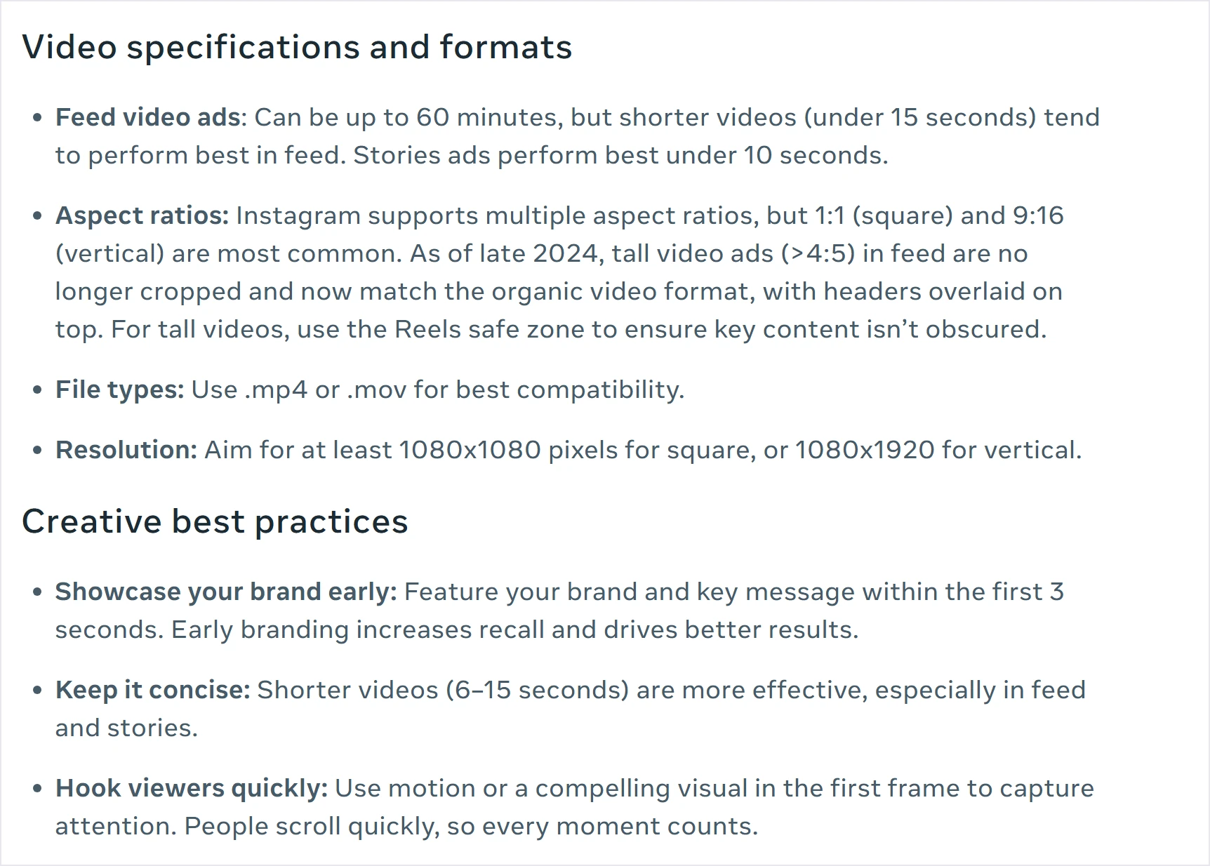 Meta Business Help Center page stating that feed video ads can run up to 60 minutes but videos under 15 seconds tend to perform best in feed, and that 6-15 second videos are more effective in feed and stories