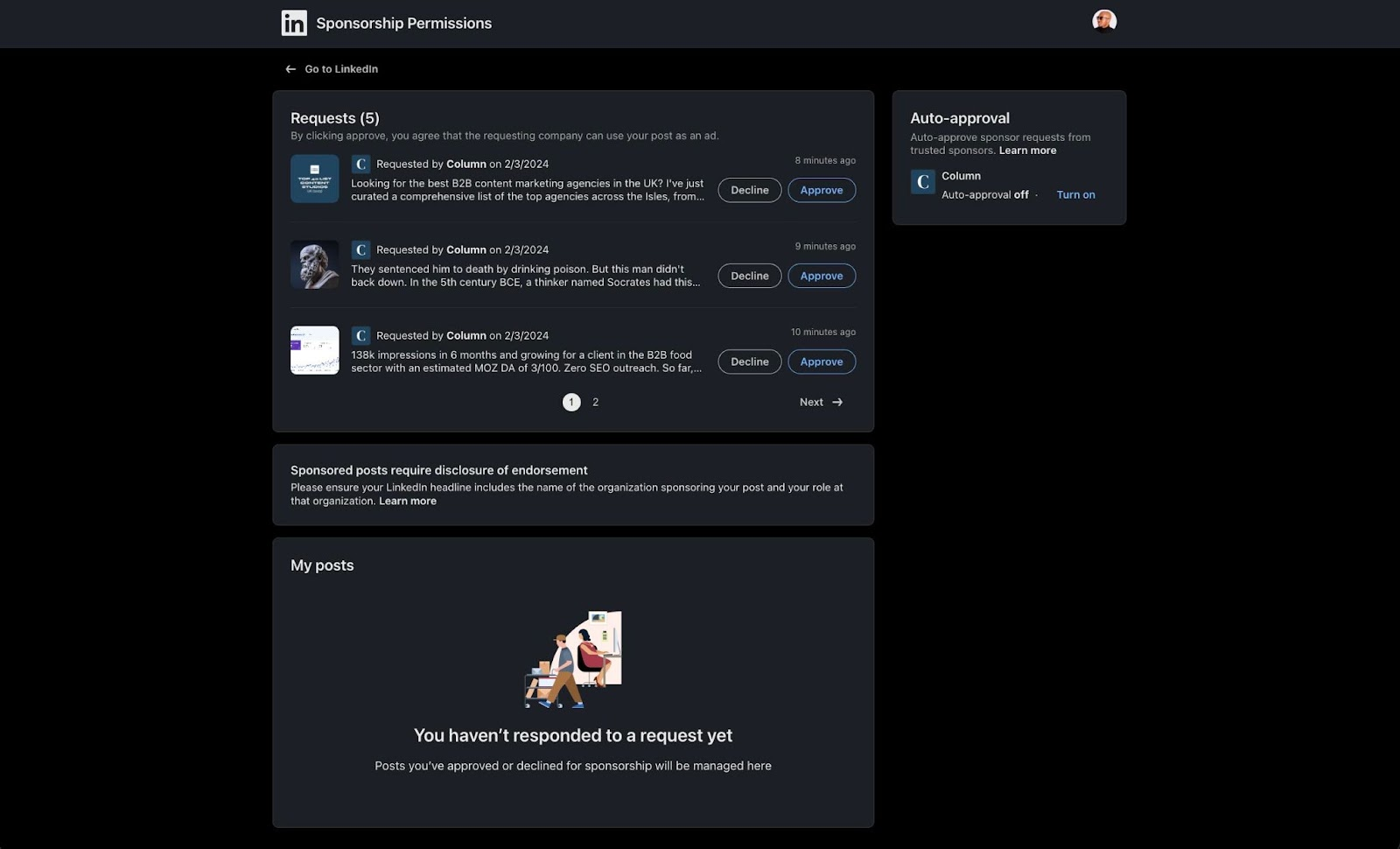 LinkedIn sponsorship permissions screen for Thought Leader Ads