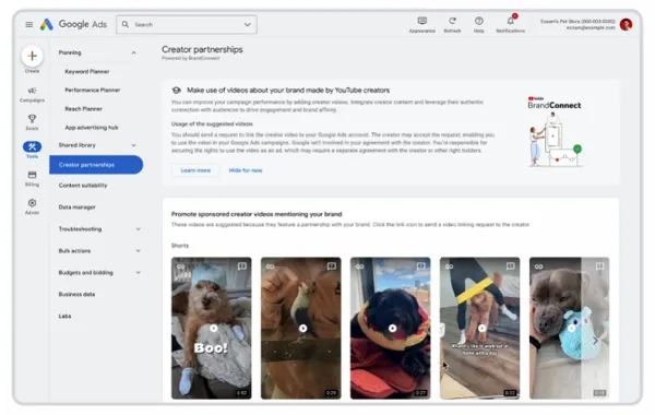 Google Ads interface displaying creator partnership options, specifically showing how to select and link Shorts videos for ad campaigns.