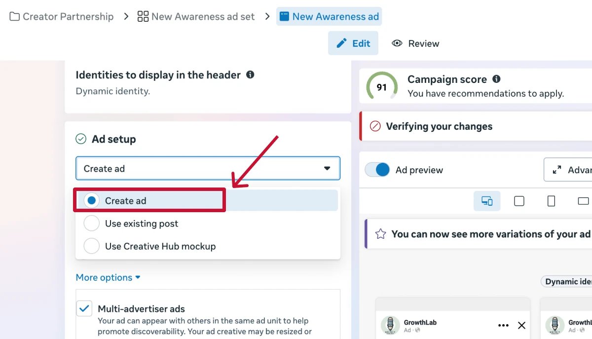 Meta Ads Manager ad setup dropdown with the 'Create ad' option outlined by a red box and arrow