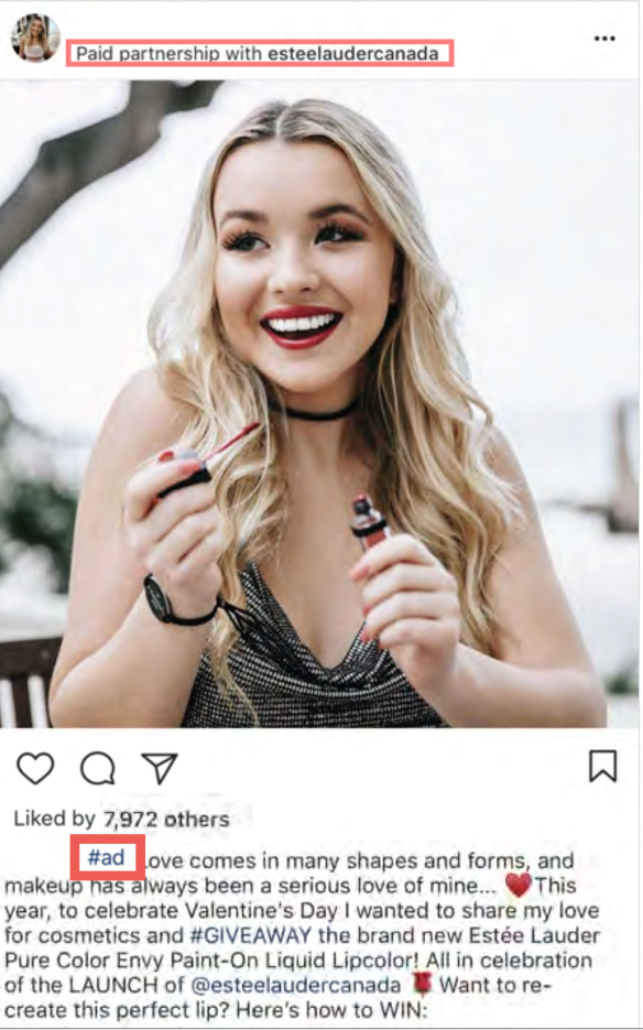 Instagram post labeled Paid partnership with esteelaudercanada showing a creator holding a lipstick, with a caption that starts with #ad; both disclosures are highlighted.