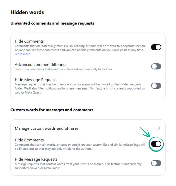 Instagram Hidden words settings with Hide Comments turned on for unwanted comments and for comments that contain words from a custom list.