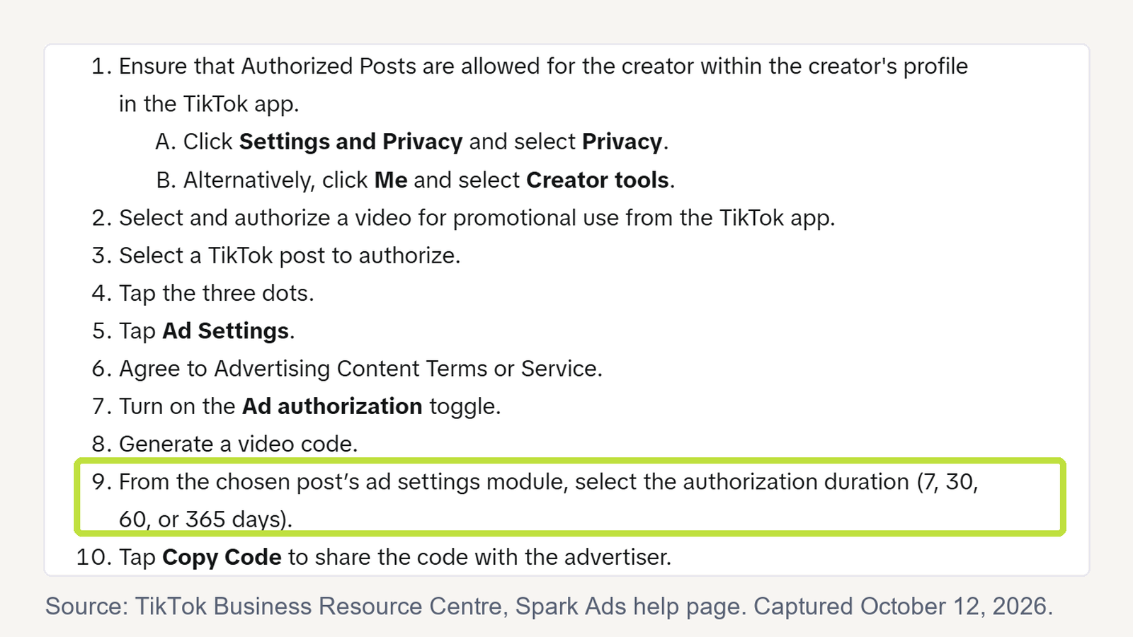 TikTok help steps for authorizing a post for Spark Ads, with step 9 highlighted: select the authorization duration of 7, 30, 60 or 365 days.