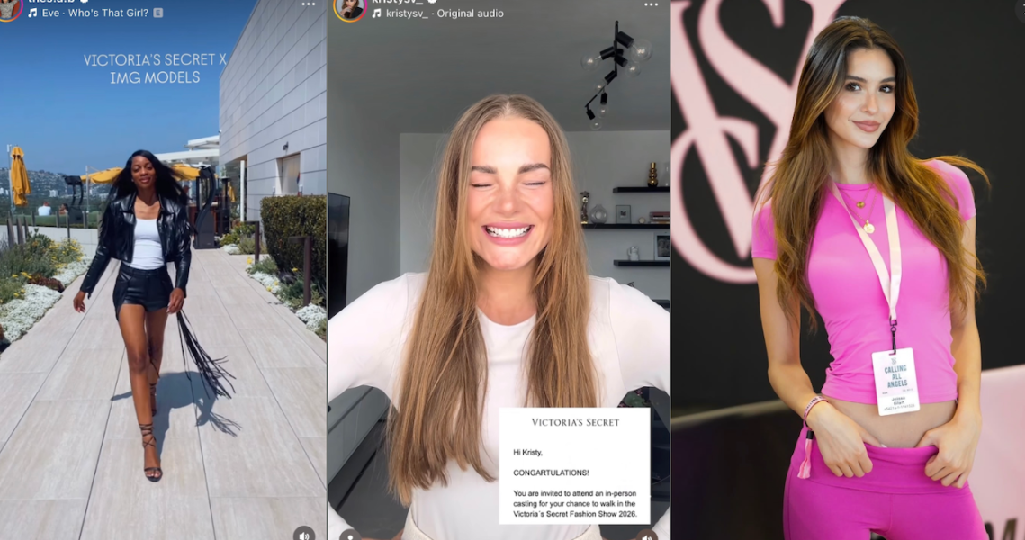 Three vertical creator videos from Victoria’s Secret’s fashion show program: a model walking for Victoria’s Secret x IMG Models, a creator reading a casting invitation for the 2026 show, and a guest wearing a Calling All Angels event badge.
