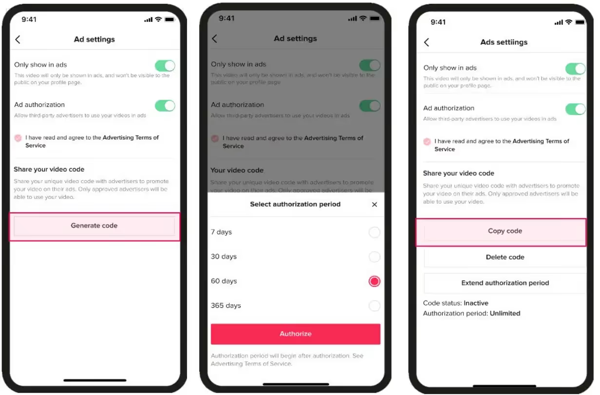 Three TikTok Ad settings screens: Generate code, choosing an authorization period of 7, 30, 60 or 365 days, and Copy code.