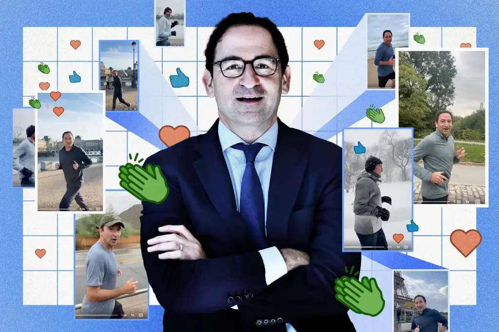 Illustrated collage of Blackstone's Jon Gray in a navy suit surrounded by frames from his selfie-style running videos in Paris, a snowy park and along a river