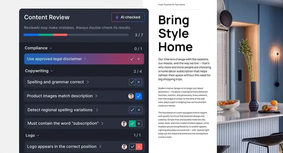 Ziflow proofing interface showing a content review checklist next to ad creative.
