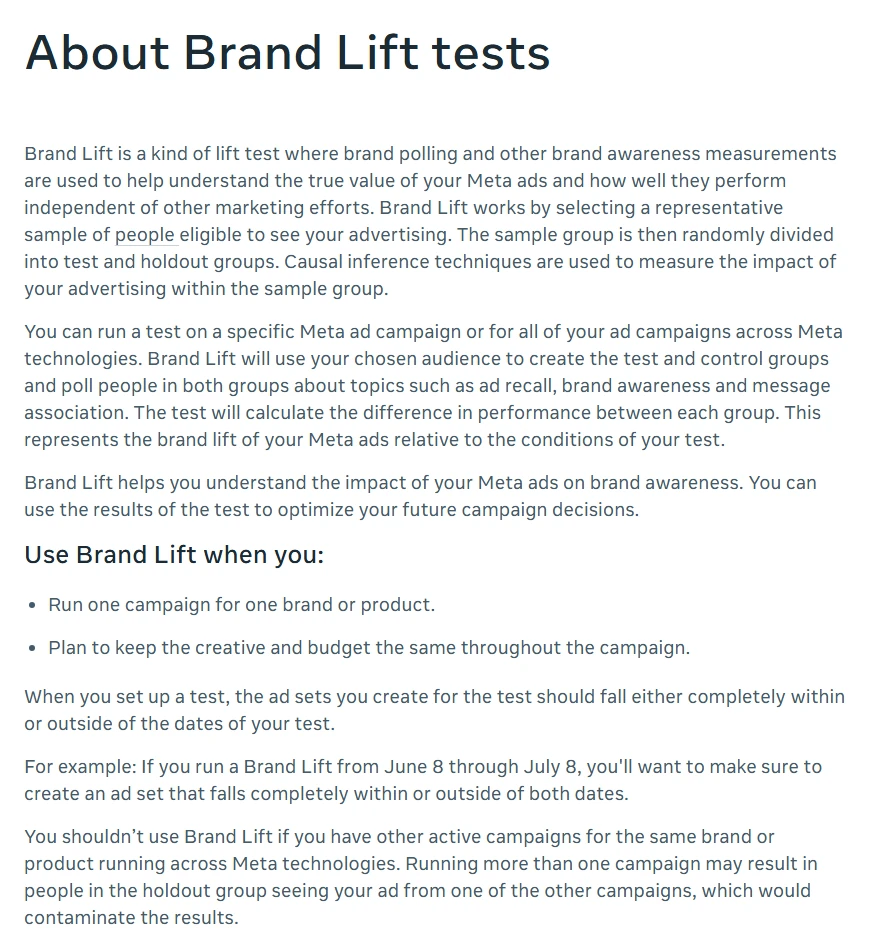 Screenshot of Meta's "About Brand Lift tests" help page, explaining that Brand Lift selects a representative sample, splits it into test and holdout groups and measures outcomes such as ad recall and brand awareness