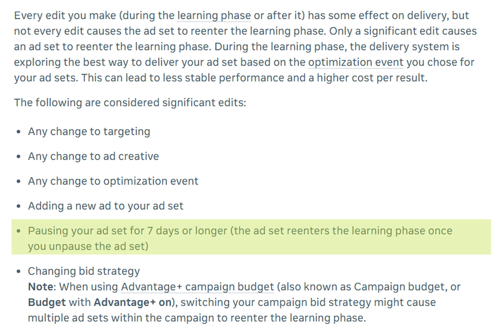 Screenshot of Meta's help page on significant edits that make an ad set reenter the learning phase, listing changes to targeting, creative or optimization event, adding a new ad, pausing the ad set for 7 days or longer (highlighted) and changing bid strategy
