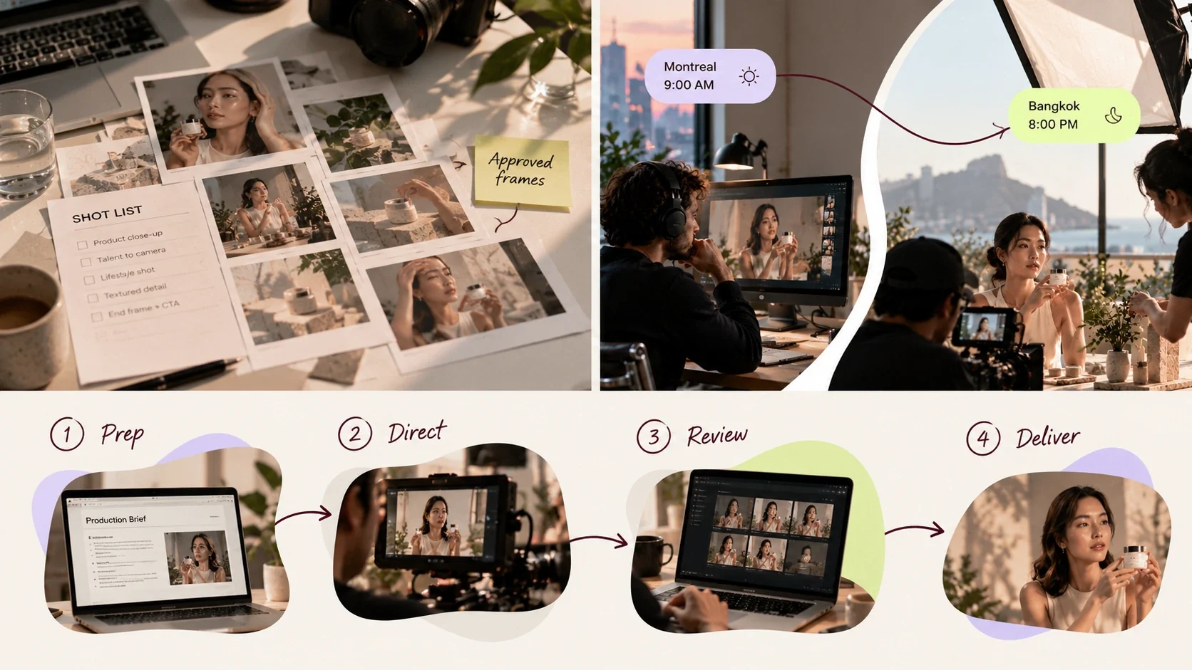 Remote video production workflow showing creative preparation, overseas directing, footage review, and final delivery.