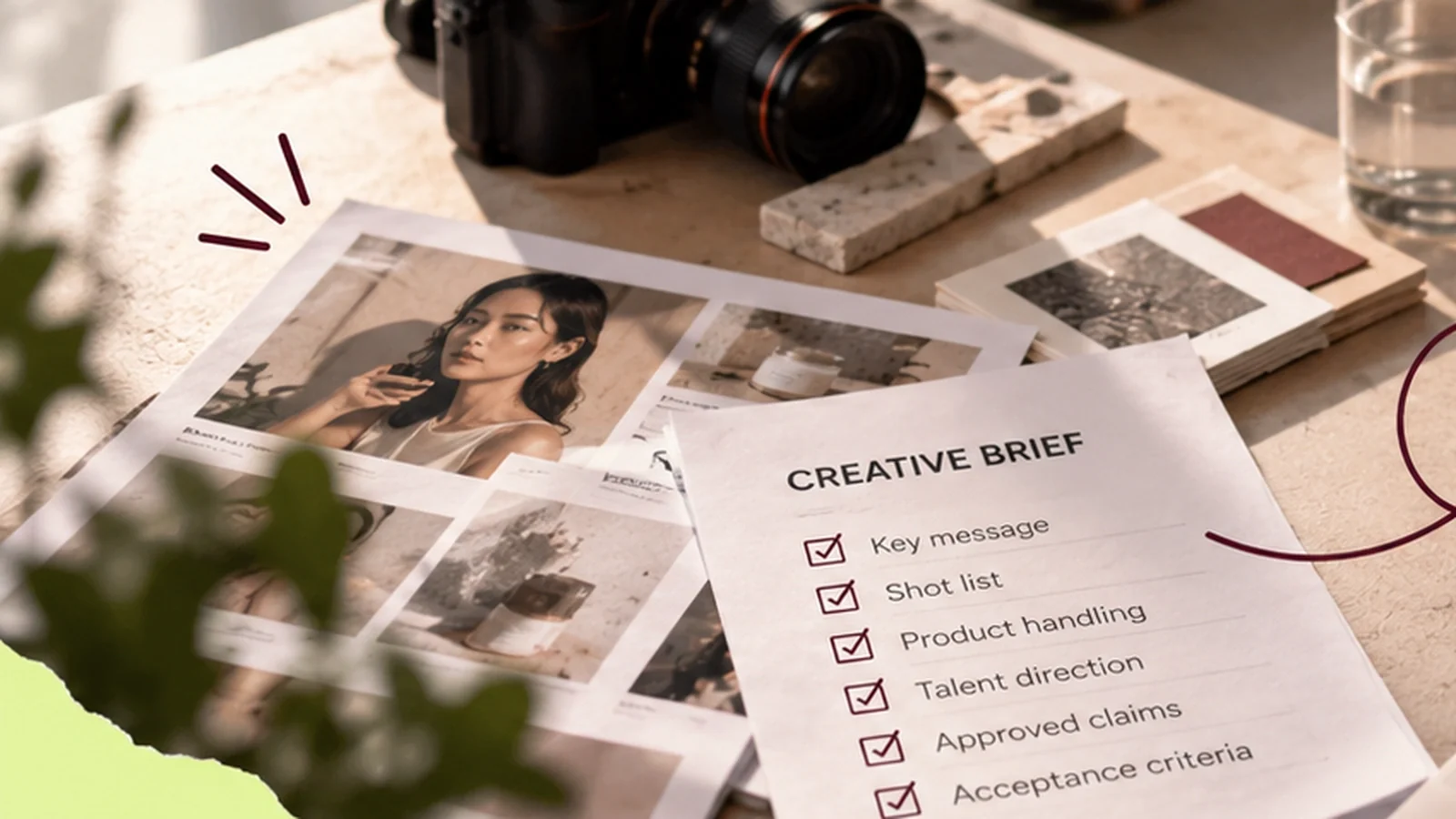 Creative brief with shot list, product references, and acceptance criteria for a remote ad shoot.