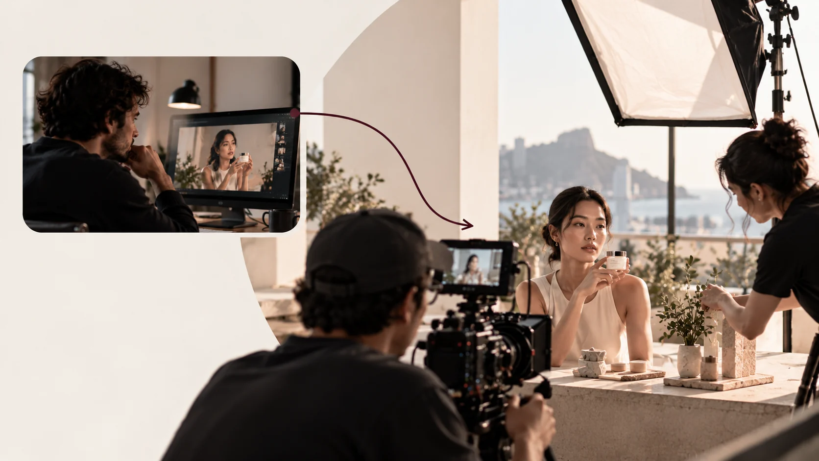 Remote creative director monitoring an overseas skincare shoot while a local production crew films on set.