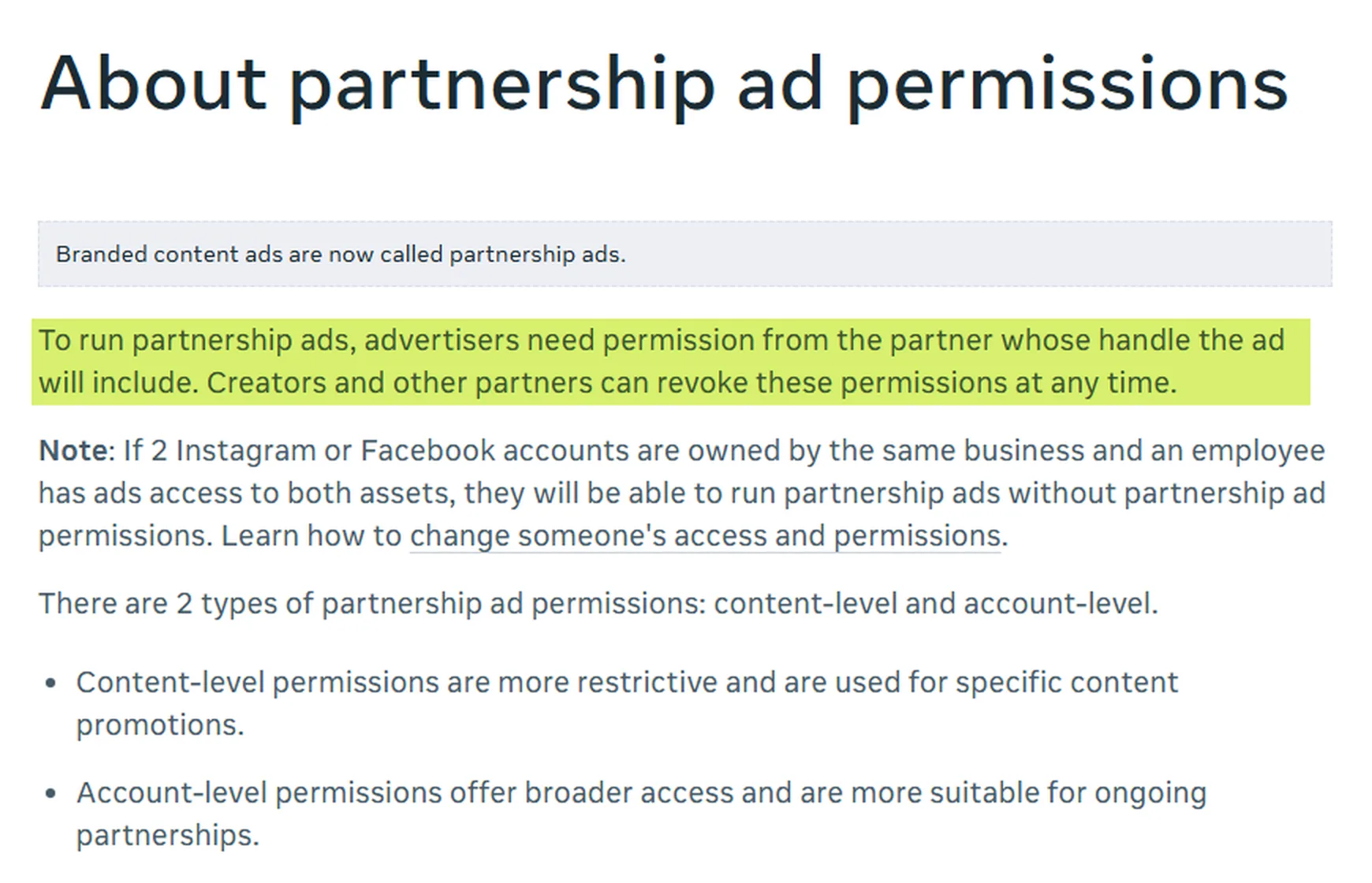 Meta Business Help Center page titled About partnership ad permissions, with the sentence saying advertisers need the partner's permission and creators can revoke it highlighted