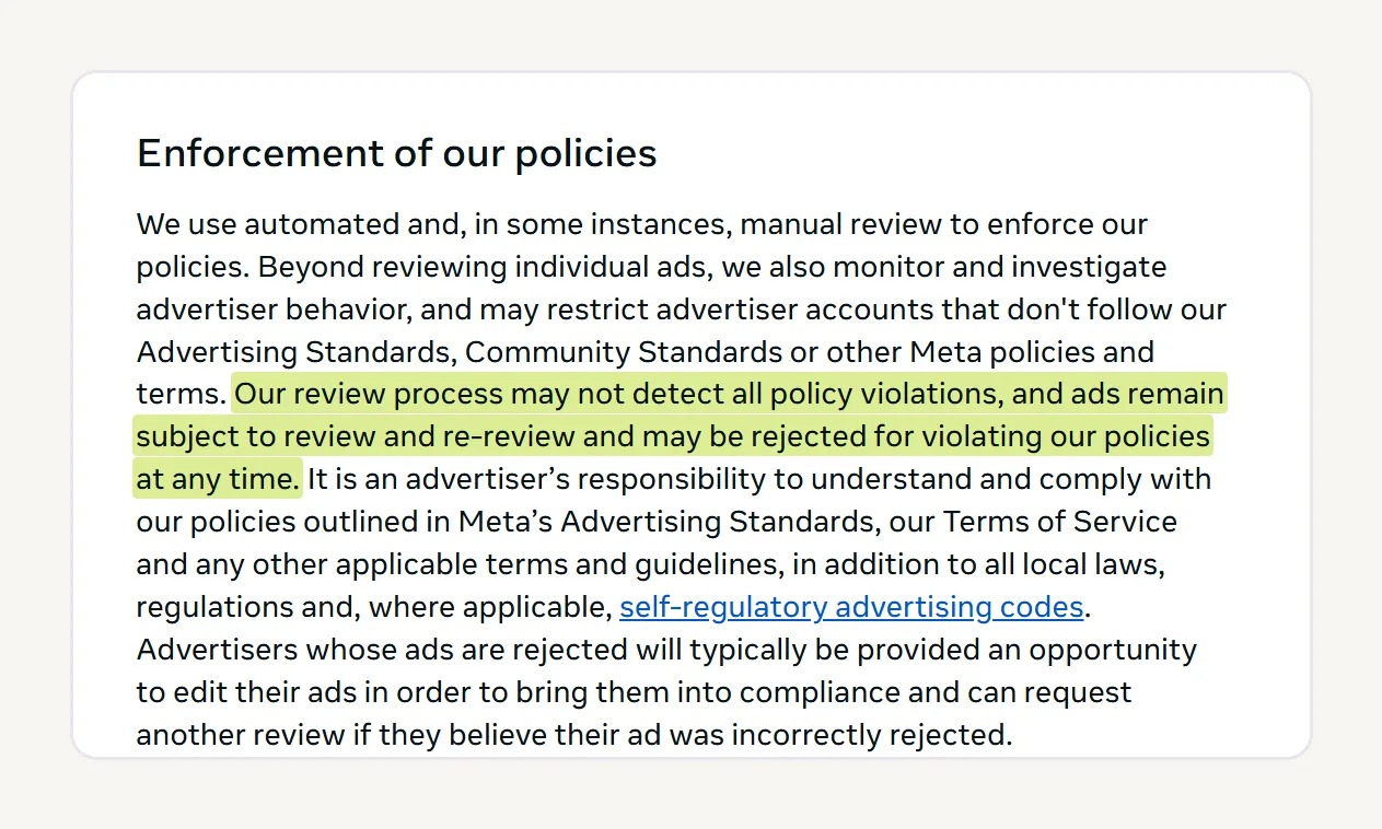 Meta Transparency Center page titled Enforcement of our policies, with the sentence saying the review process may not detect all violations and ads can be rejected at any time highlighted