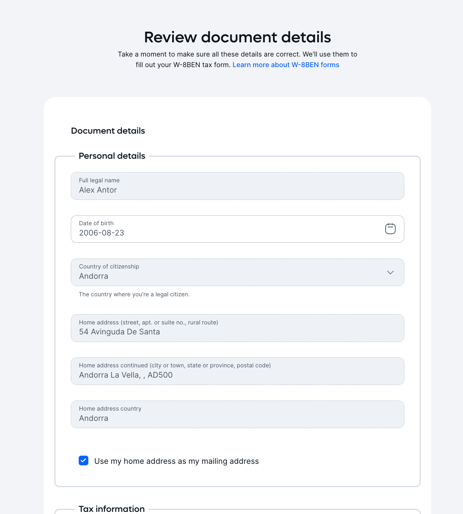 Remote onboarding interface prompting the user to review personal details to complete their W-8BEN tax form.