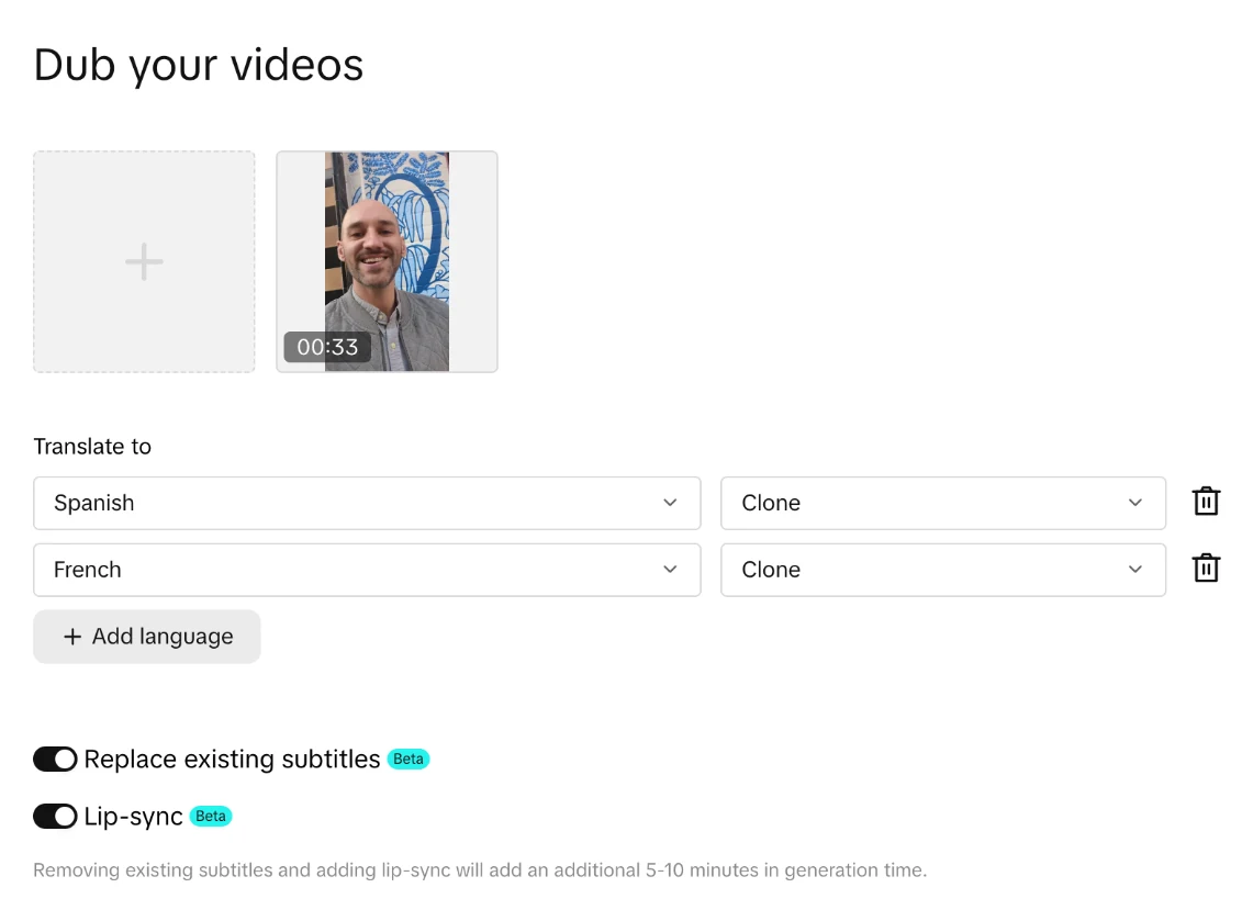 TikTok for Business Dub your videos panel with a 33-second video, Spanish and French dubbing targets set to Clone, and Replace existing subtitles and Lip-sync toggles marked Beta