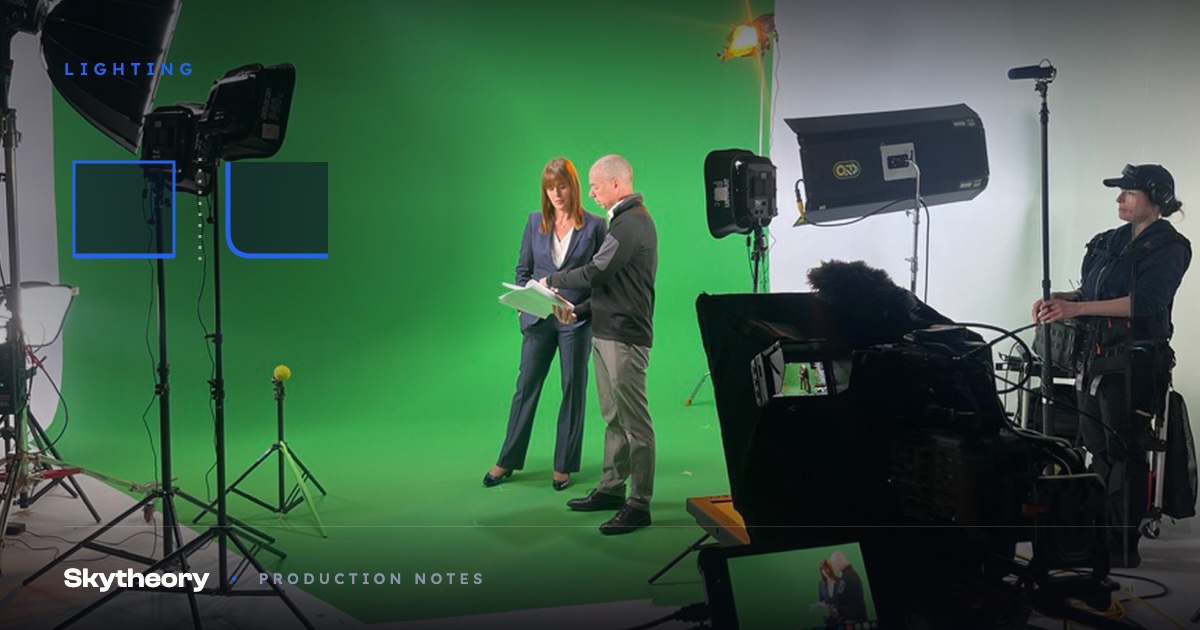Behind the scenes of a green screen shoot beside a white cyclorama, with talent, crew, and lighting rigs