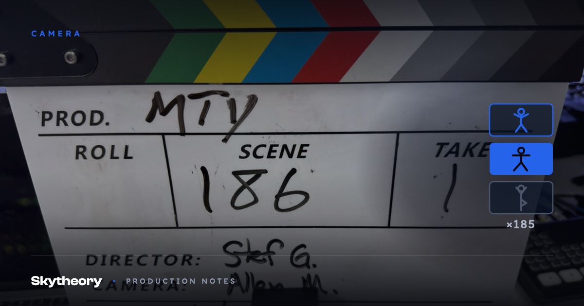 Production slate marked scene 186 take 1 from a five-day movement library shoot, with pose clip tiles marked x185