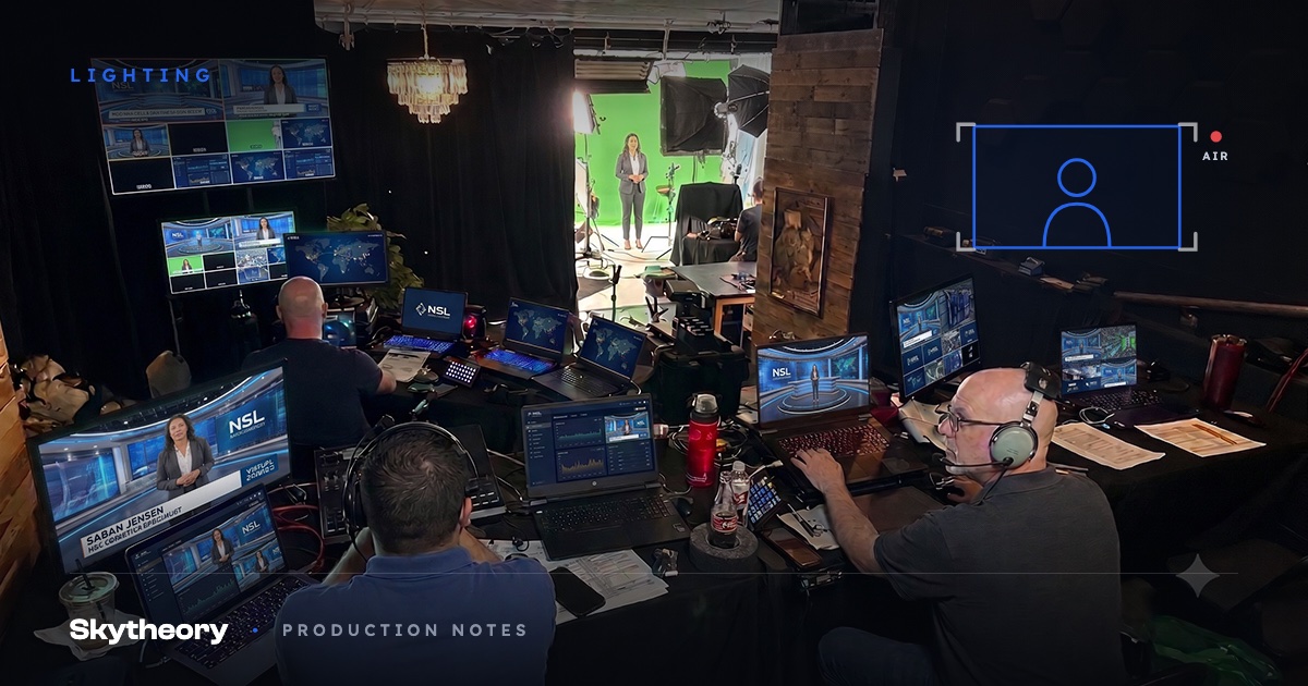 Live green screen broadcast in progress: presenter on the green screen stage with her keyed virtual-set program on every command center monitor