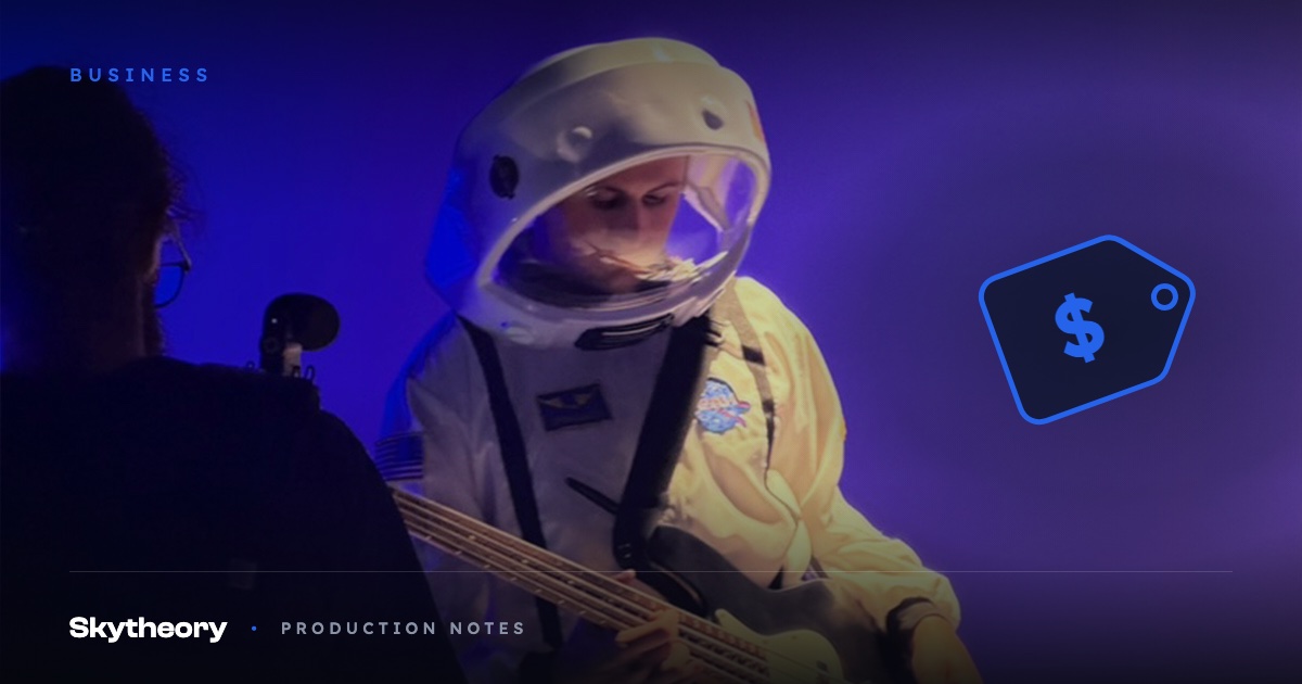 Musician in an astronaut suit playing bass on a purple-lit studio cyc during a music video shoot, with a price tag graphic