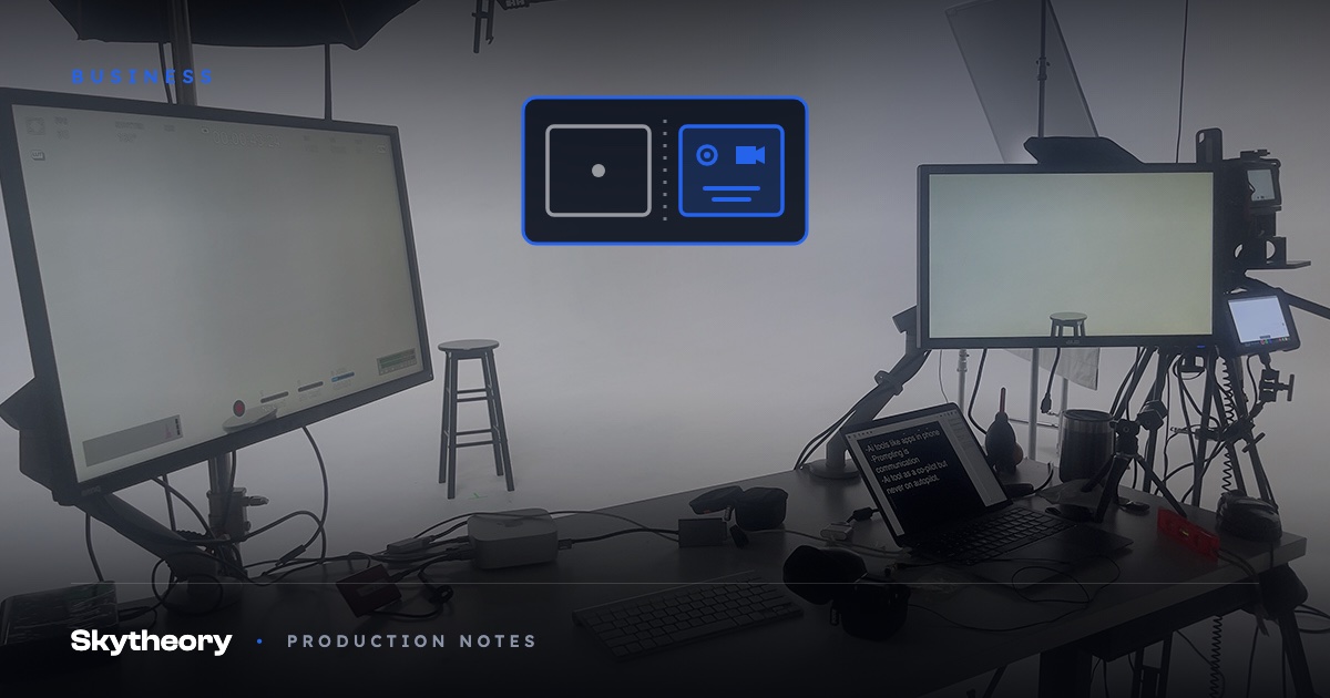Production video village with monitors and teleprompter feed facing a lone stool on a white studio cyc, with a space-only versus full-service graphic