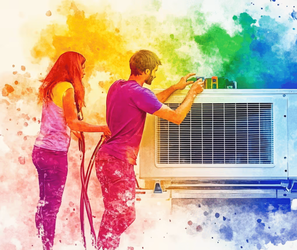Illustration of a man and woman working together to install or repair an air conditioning unit with colorful paint splashes background.