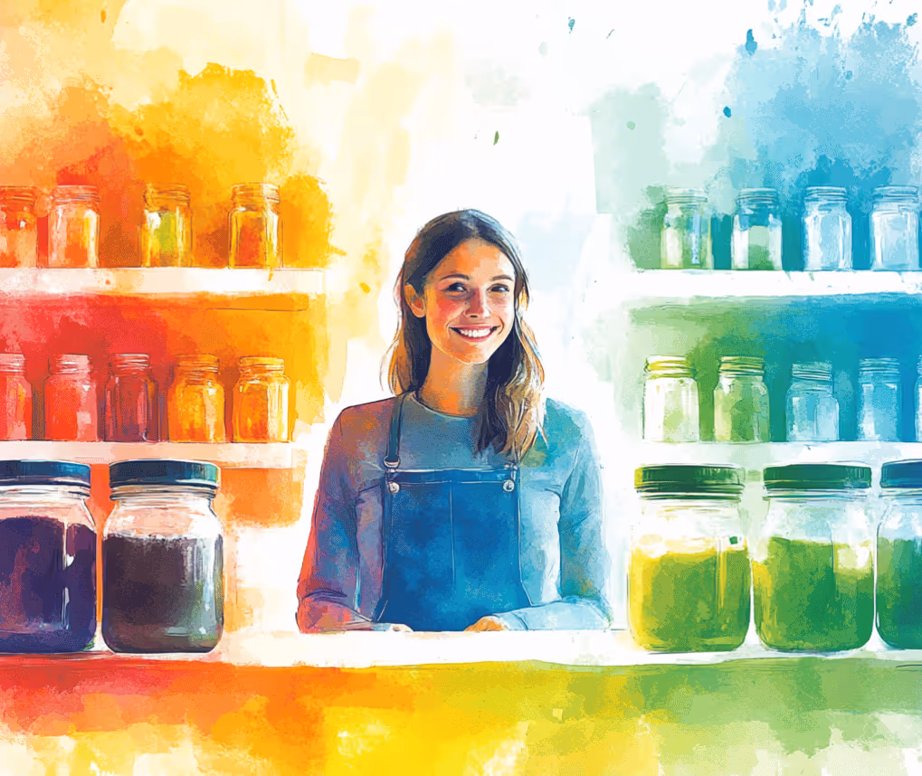 Smiling woman in apron standing behind counter with jars filled with colorful liquids on shelves behind her.