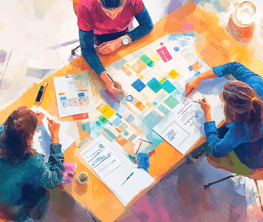 Overhead view of three people collaborating at a table covered with colorful charts and documents.