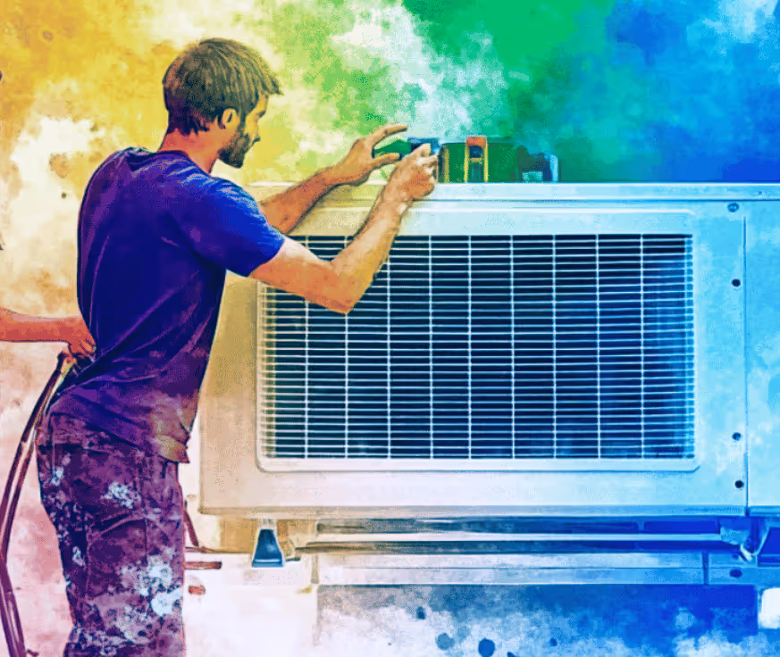 Technician working on an air conditioning unit with colorful smoke in the background.