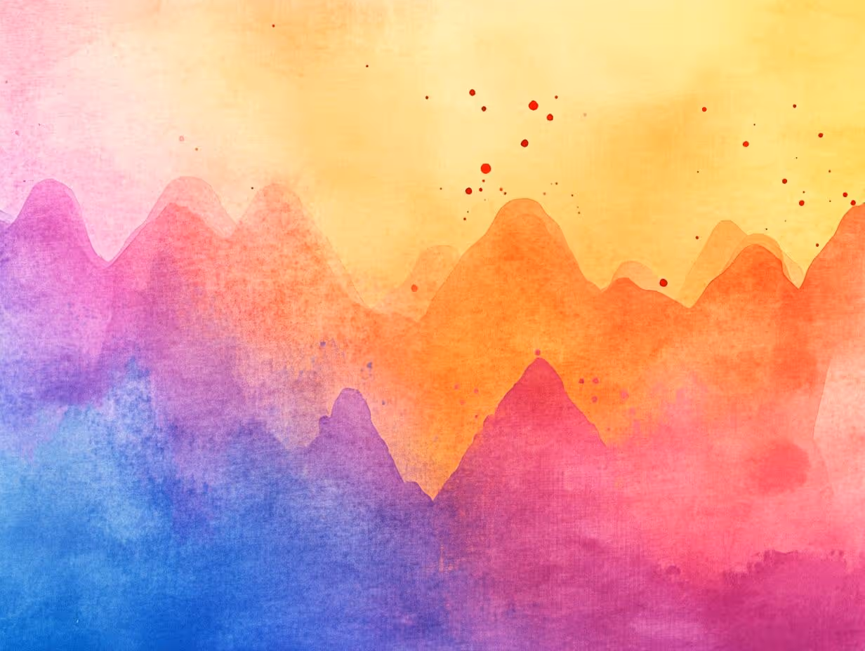 Watercolor painting of layered mountain silhouettes in shades of blue, purple, pink, orange, and yellow with scattered red paint splatters.