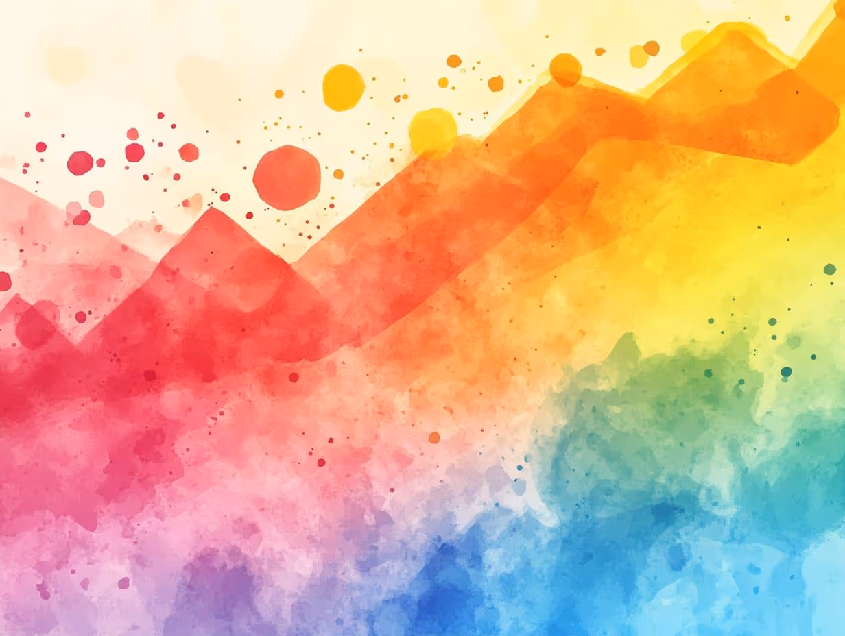 Abstract watercolor painting with splashes transitioning in a gradient from red and orange mountains to yellow, green, and blue hues.