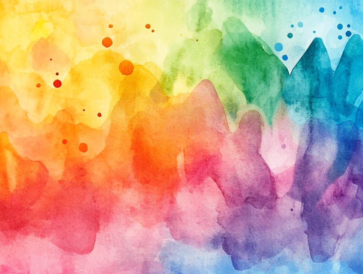 Abstract watercolor background with a rainbow gradient from yellow to green, blue, purple, and red tones.