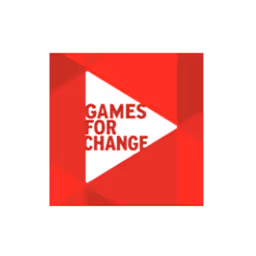 White right-pointing triangle with the words 'GAMES FOR CHANGE' inside on a red geometric background.