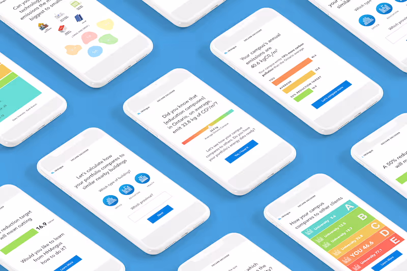 Multiple smartphones displaying an app with charts and questions about campus carbon emissions and energy savings on a blue background.