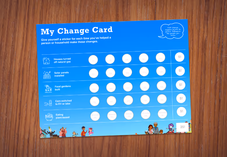Blue Change Card on wood surface prompting stickers for actions like turning off natural gas, installing solar panels, building food gardens, switching cars to EV or bike, and eating plant-based.