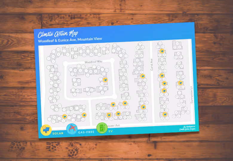 Climate action map of Woodleaf & Eunice Ave in Mountain View showing neighborhood layout with marked locations for solar panels, gas-free homes, and electric vehicle use.