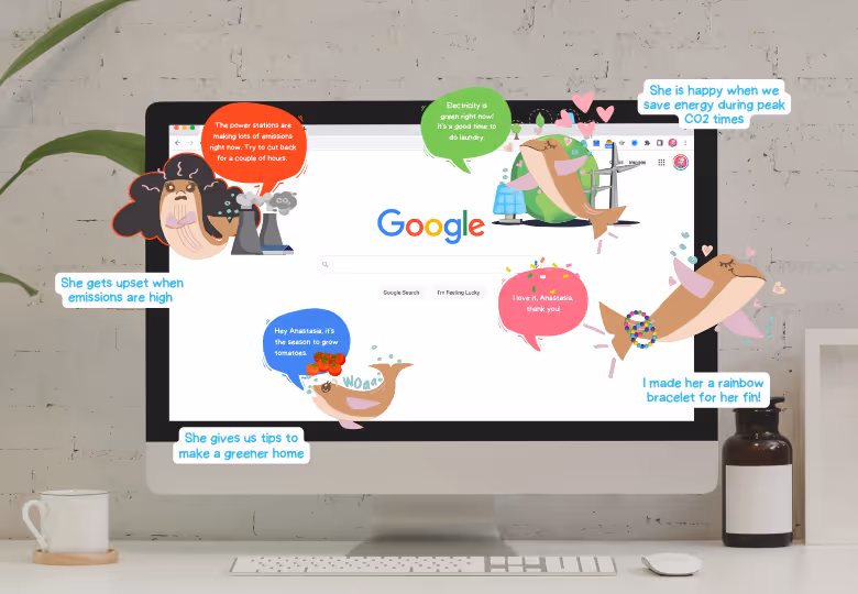 Illustration of animated dolphins with speech bubbles around a computer screen showing Google's homepage, discussing energy saving, emissions, electricity, and growing tomatoes.
